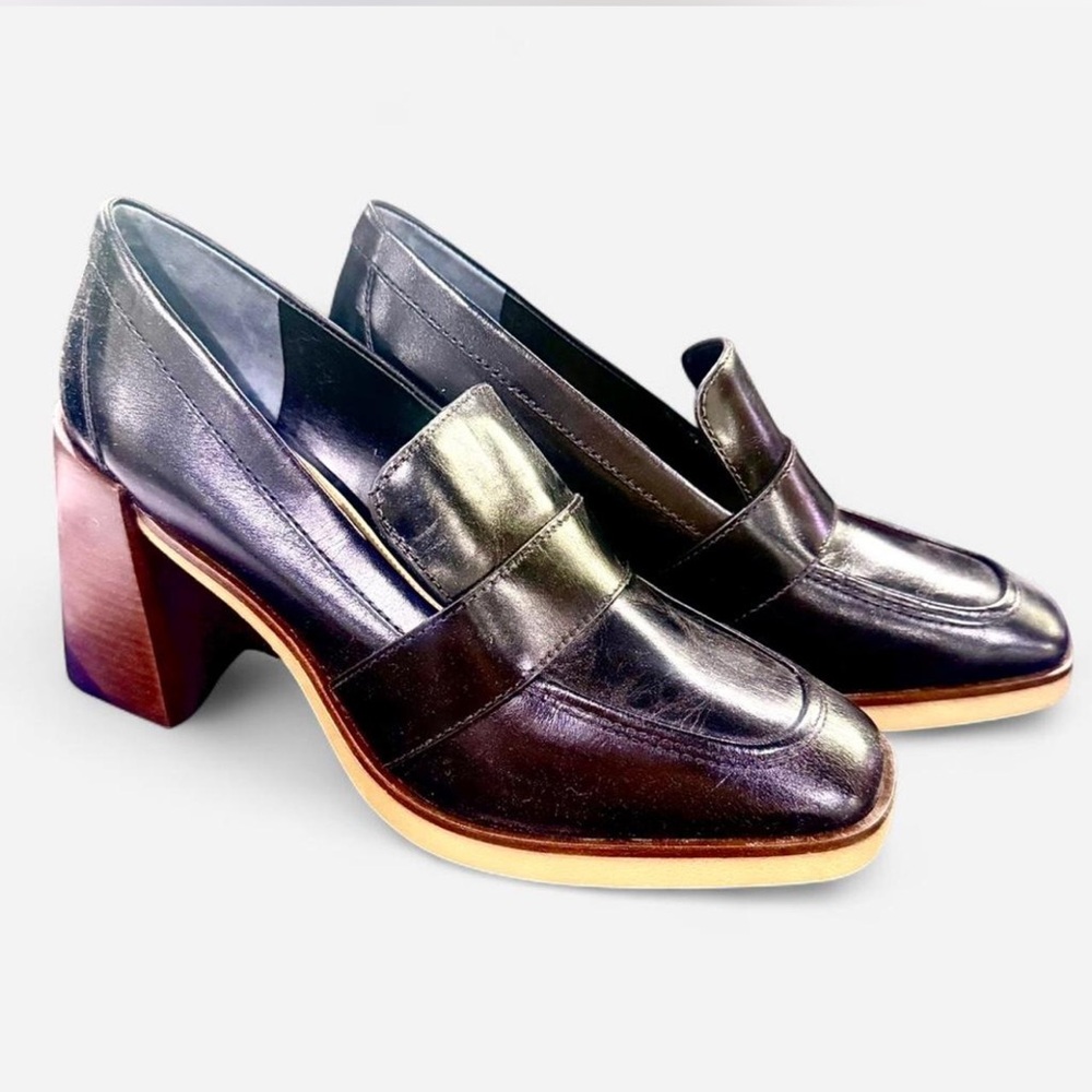 Vince Camuto Ezerna Black Leather Block Heel Loafers (9.5M)